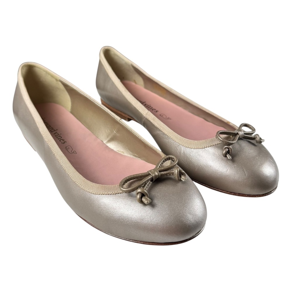 Vineyard Vines Womens Metallic Champagne Gold Leather Ballet Flats Bow Size 9.5